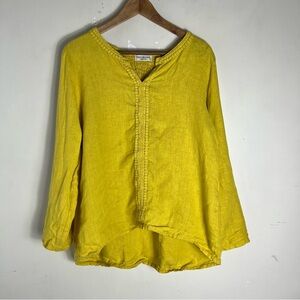 Terzo Millennio Yellow Linen Long Sleeve V-Neck Flowy Blouse Size Large Italy
